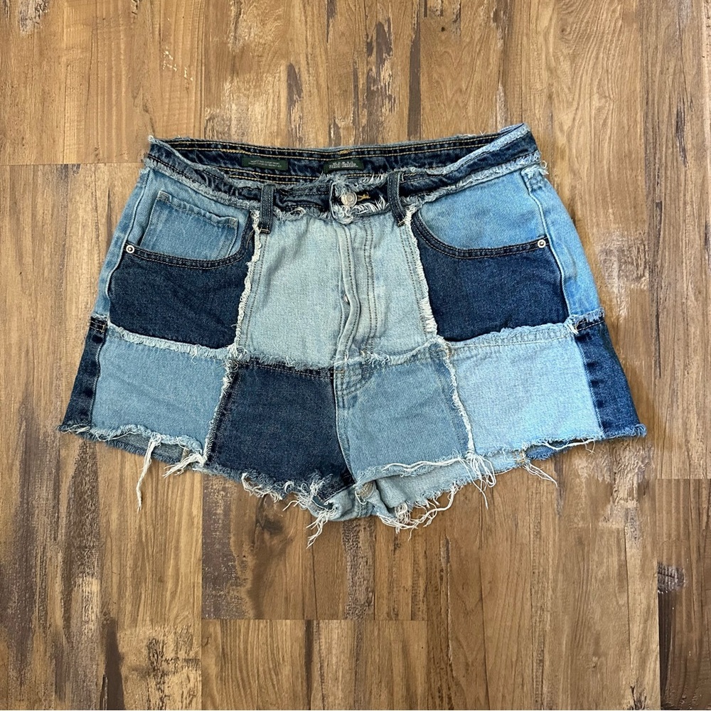 Y2K Style Blue Jean Distressed Patchwork Denim Button Up Highest Rise Shorts